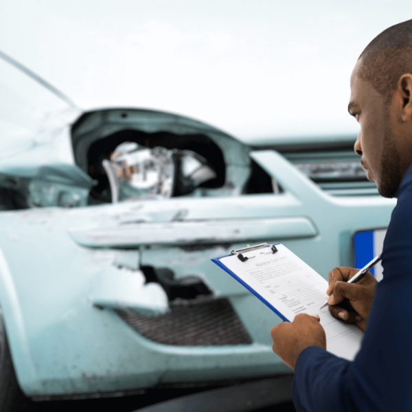 Insurance agent assessing damage on a crashed car with clipboard in hand.