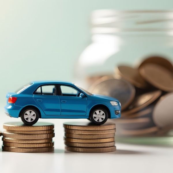 Blue toy car on stacked coins with a jar of coins behind, symbolizing car savings and financial planning.