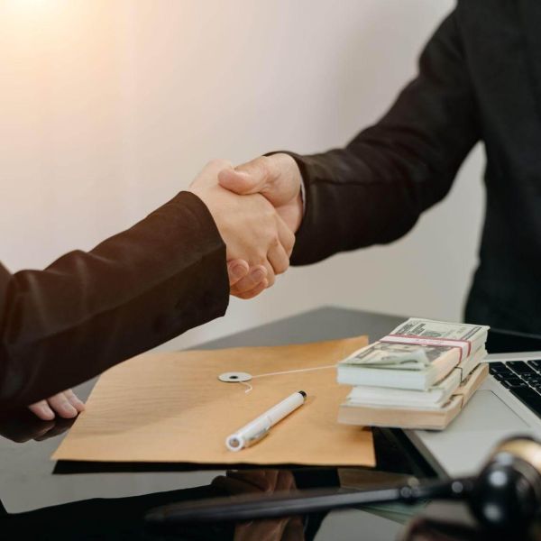 two people shaking hands in front of a laptop