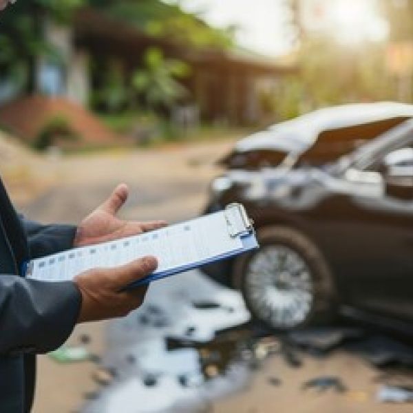 Insurance adjuster evaluates car accident damage, noting details on clipboard in a close-up outdoor scene.