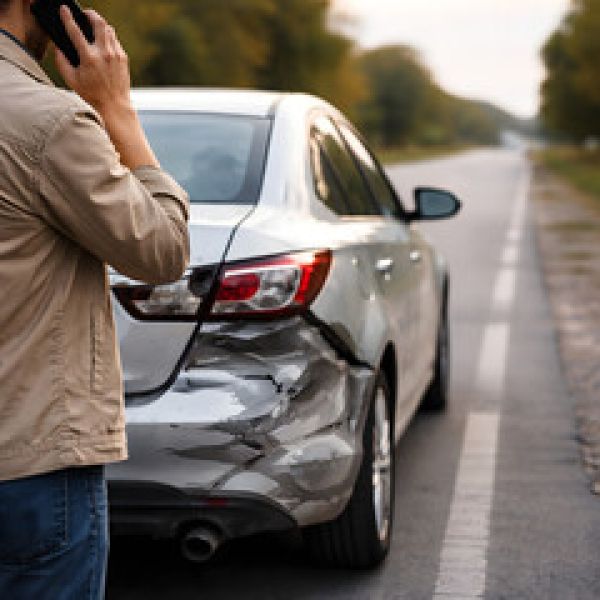 Man on phone by damaged car on roadside, seeking roadside assistance after an accident.