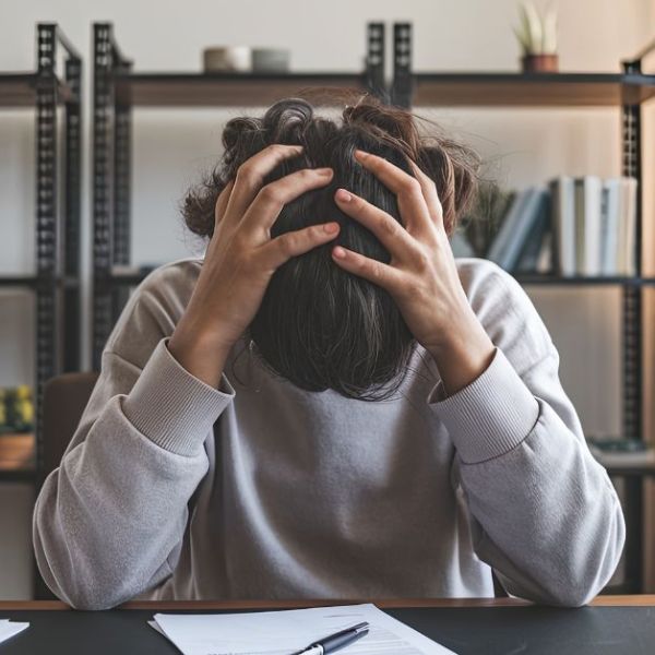 A person sits at a wooden desk, holding their head in their hands, appearing frustrated. Papers are scattered across the surface, with shelves and plants visible in the background.