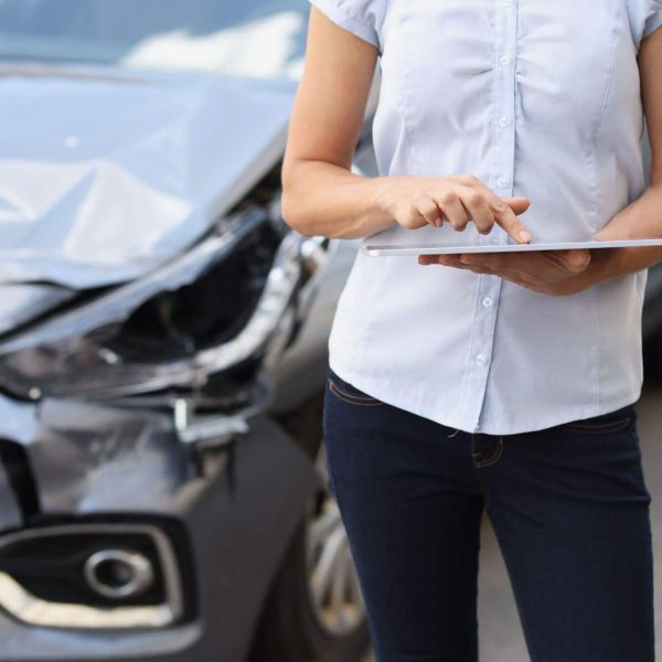 A woman is standing next to a car holding a laptop; the car seems to have been involved in a crash