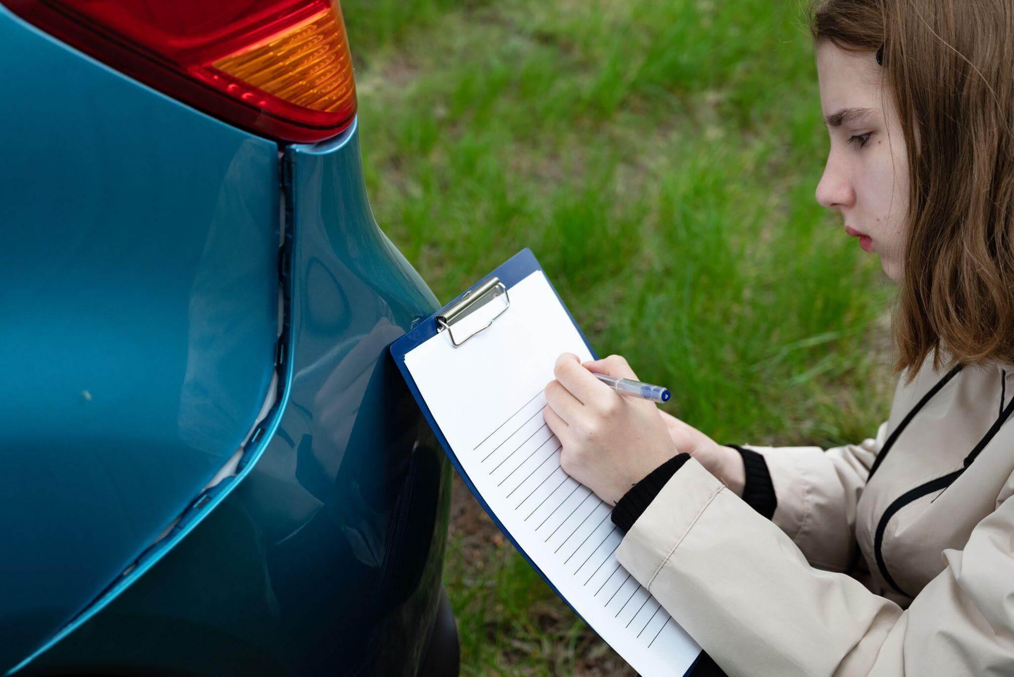a girl writing on a clipboard next to a car that has a dent