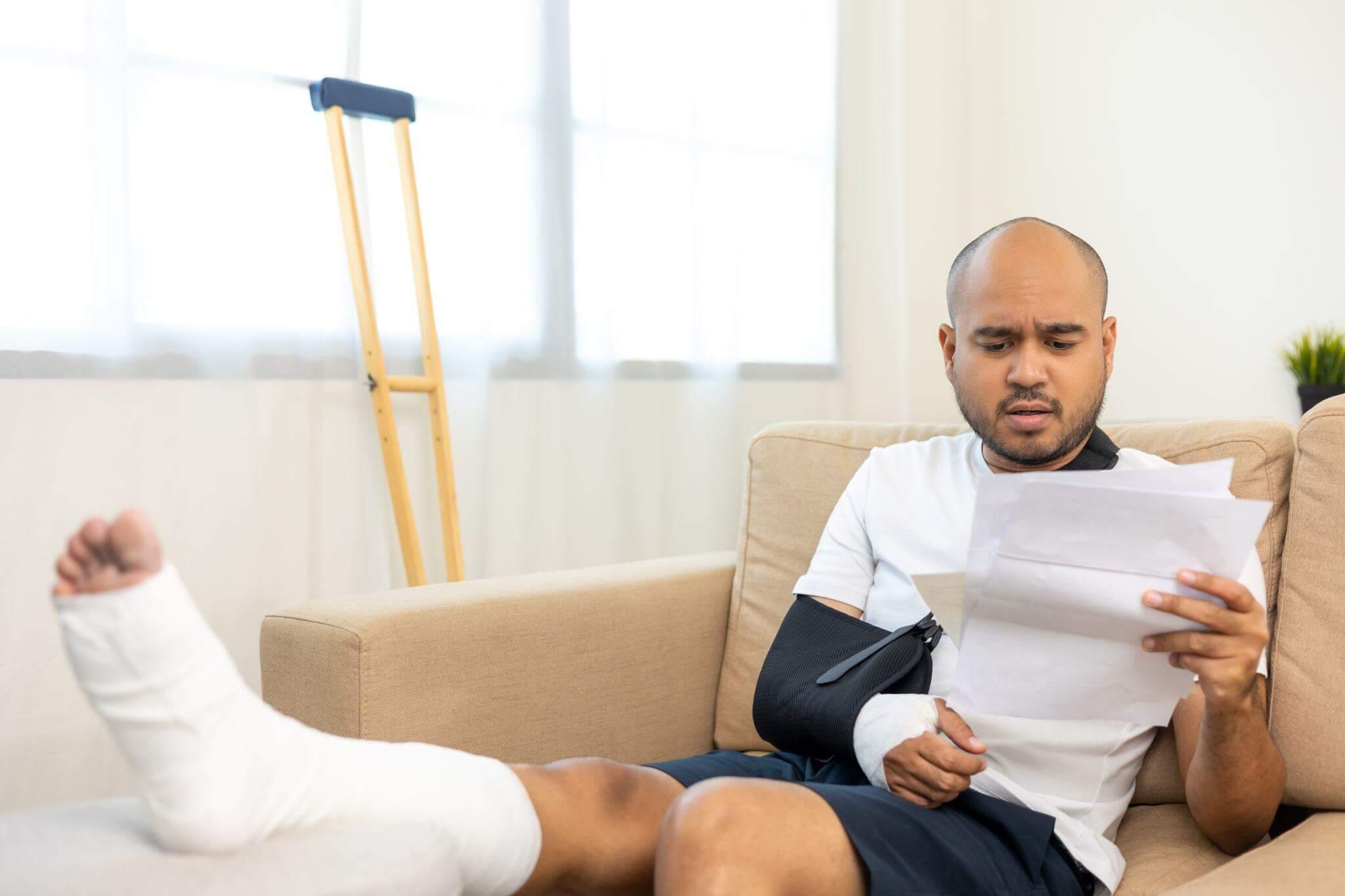 a man sitting on a couch reading a paper